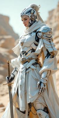 The primary subject of the image is a person dressed in a white costume, possibly a knight or a warrior. The setting is a desert-like environment, with a rocky background. The visual style appears to be a combination of photo and digital art, creating a unique and intriguing scene. The colors in the image are predominantly white, with some grays and browns, giving the overall atmosphere a sense of mystery and drama.